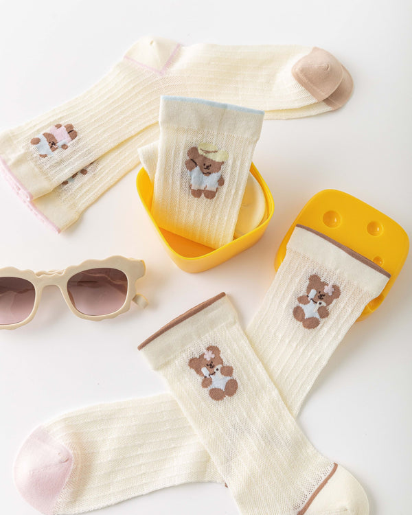 Sweet Bear Gift Box Set Womens Crew Socks Summer Bear Pattern Sheer Socks - SWEET NANA