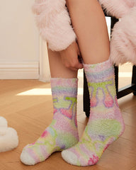 Women Crew Socks Graffiti Series Fuzzy Thick Warm Soft Non Slip