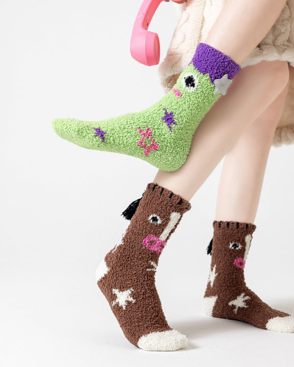 Happy Sheep And Pony Fuzzy Crew Socks