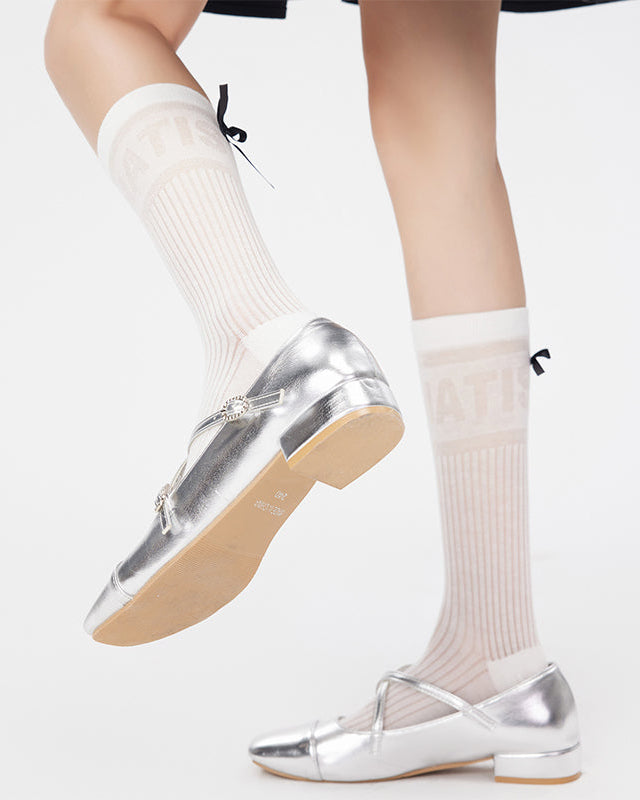 Women's Antibacterial Cotton Mesh Crew Socks Letter Bowknot