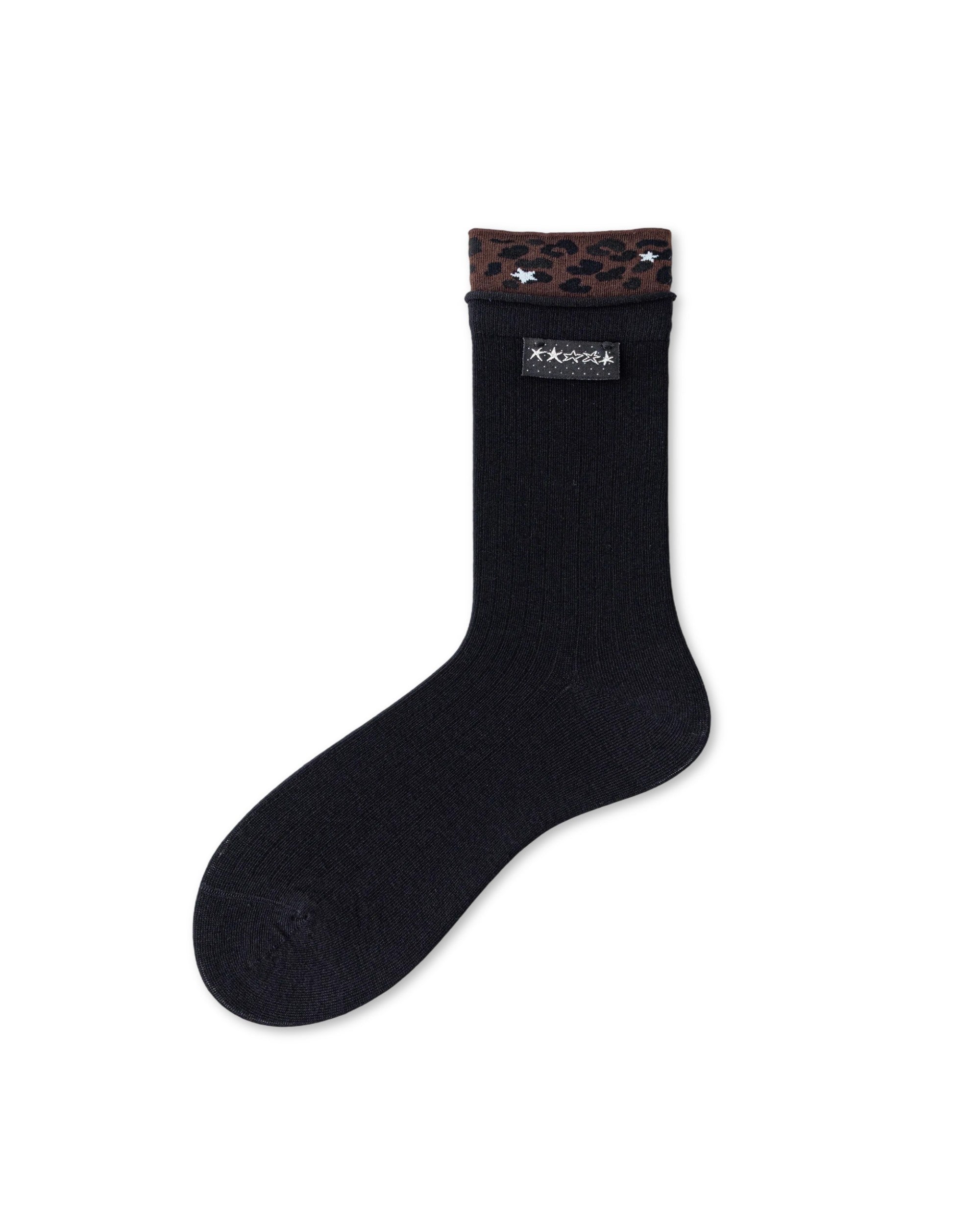 레오파드 커프 리브드 면 크루 삭스