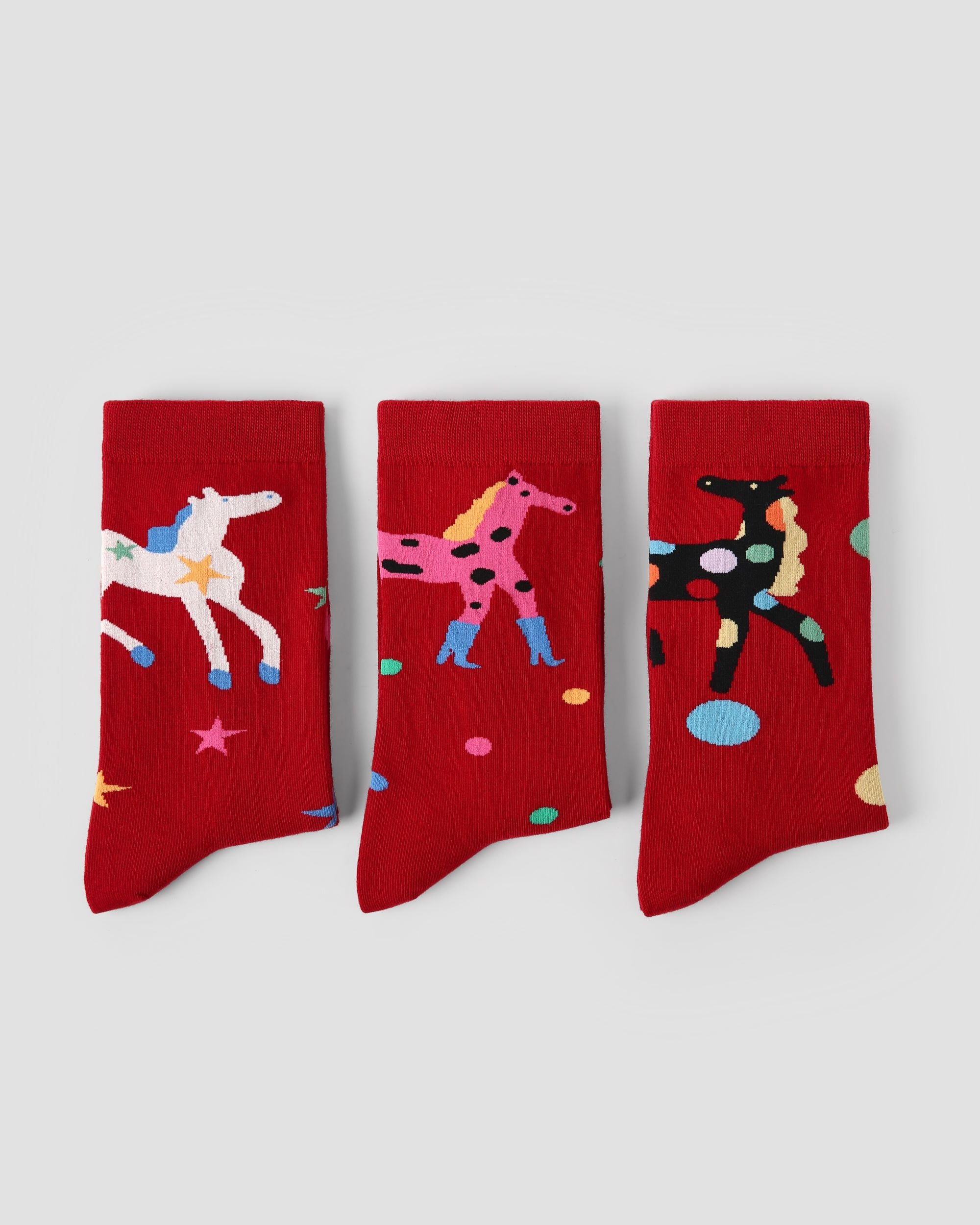 New Year 3 Pack Womens Crew Socks Colorful Dream Horse Pattern