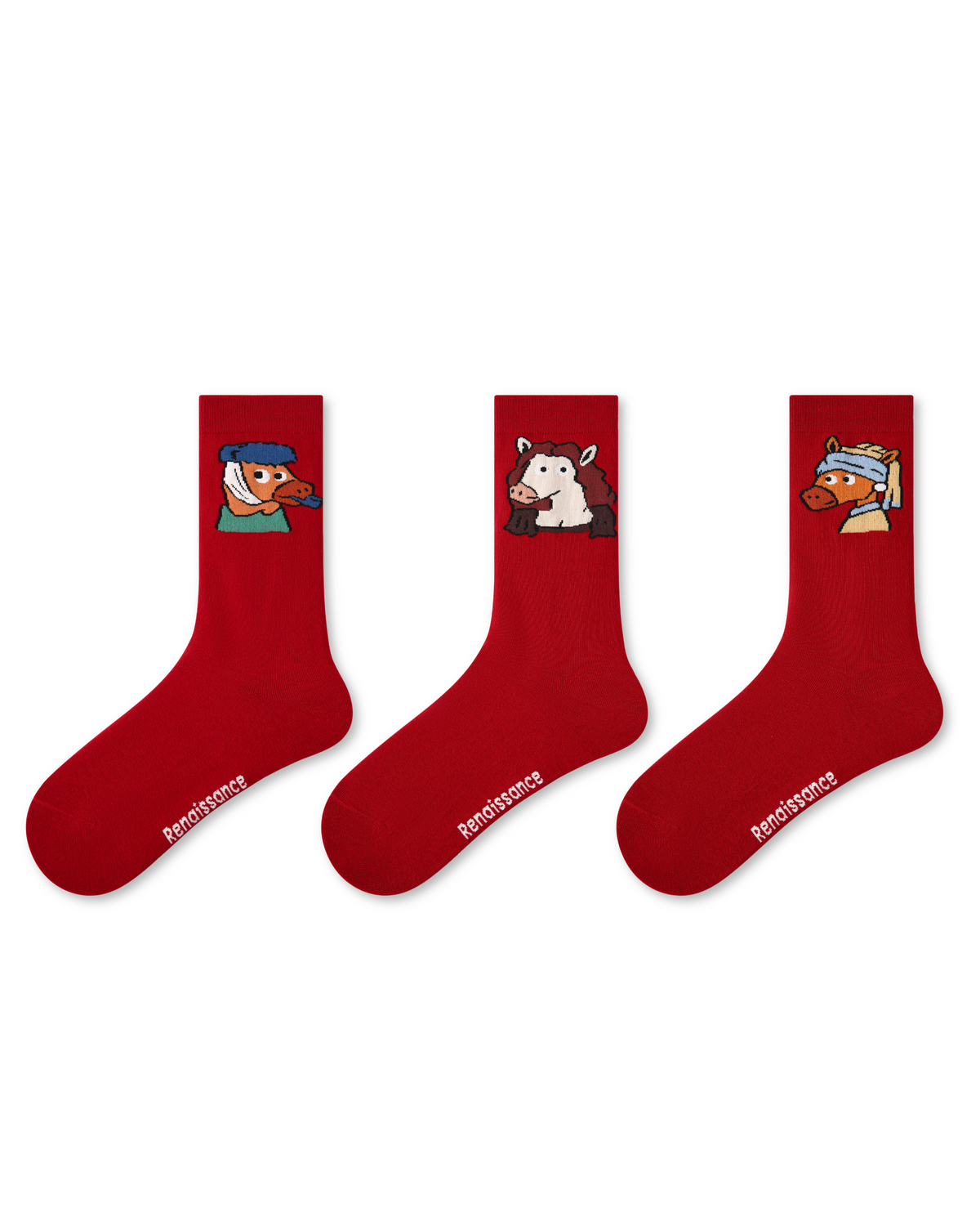 새해 기념 여성용 크루 삭스 3팩 — 유명 회화 속 말 패러디 아트