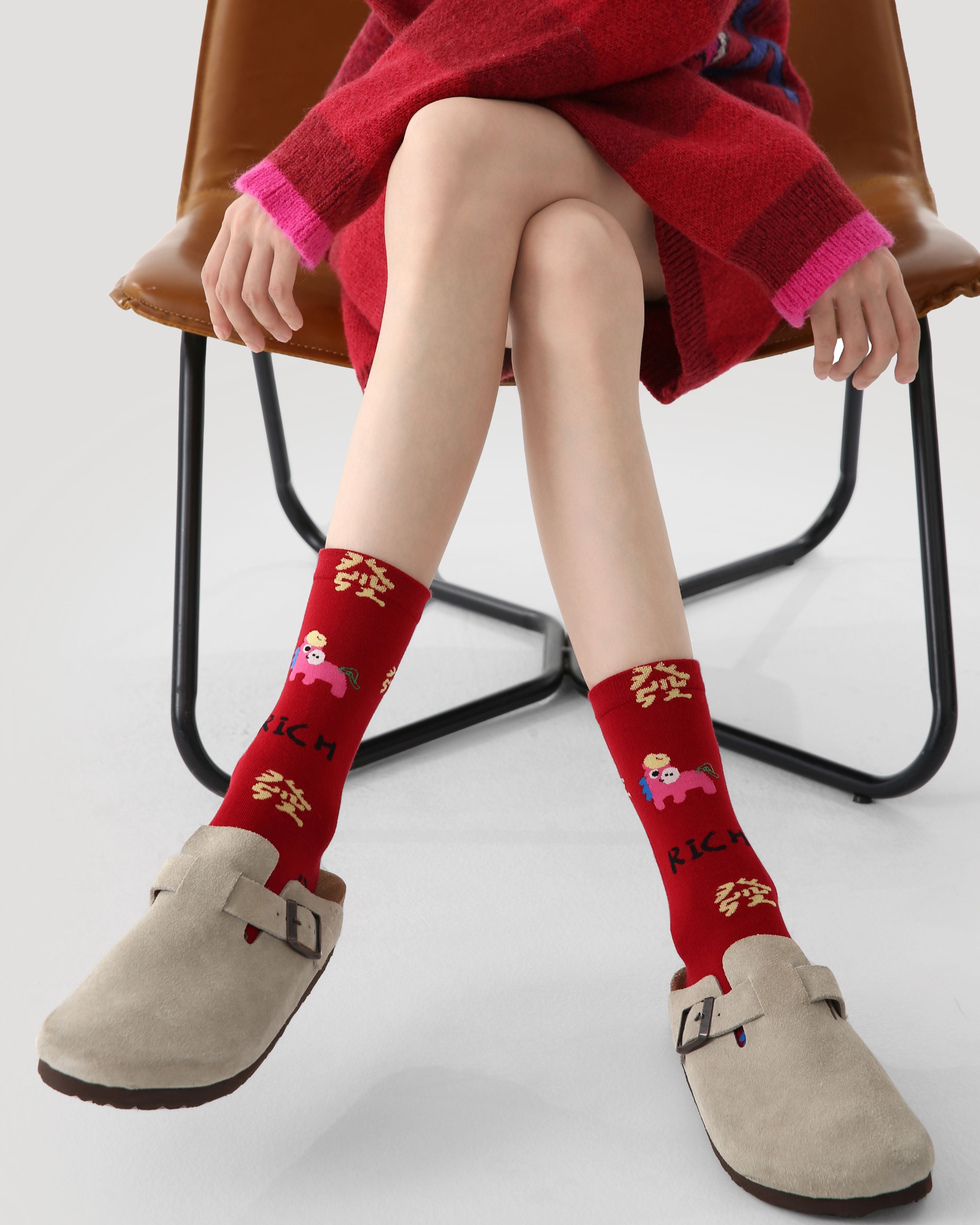 New Year 3 Pack Womens Crew Socks Immediate Wealth Horse Festive Pattern