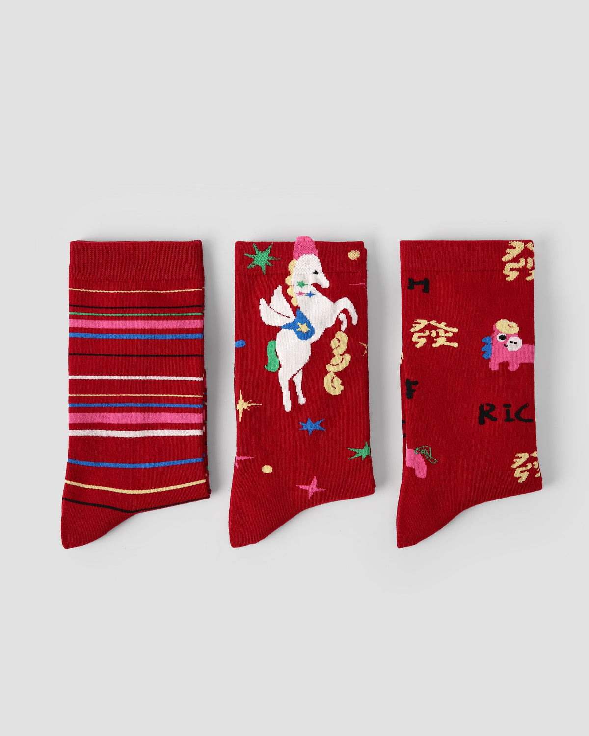 New Year 3 Pack Womens Crew Socks Immediate Wealth Horse Festive Pattern