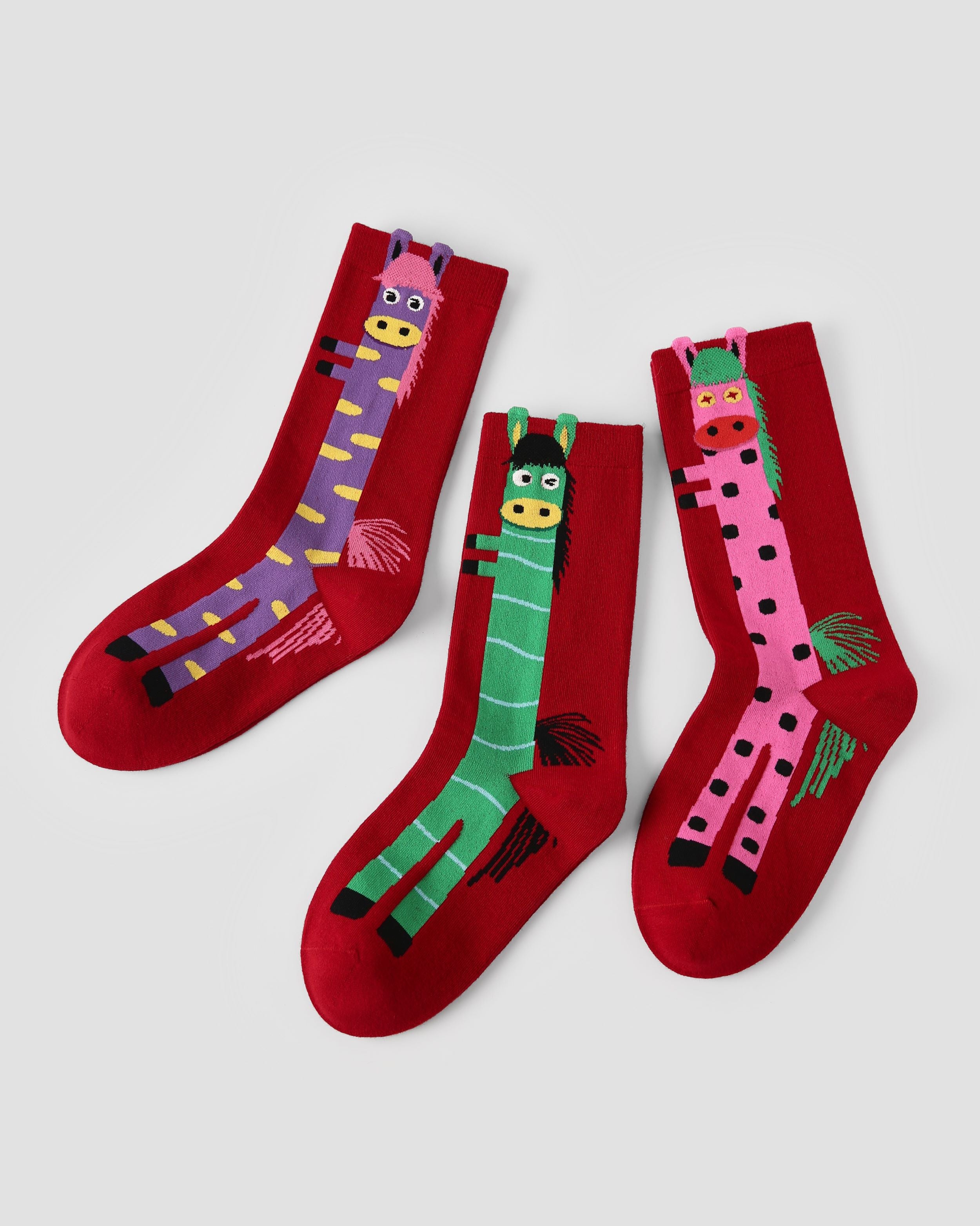 New Year 3 Pack Womens Crew Socks Long Horse Cartoon Pattern