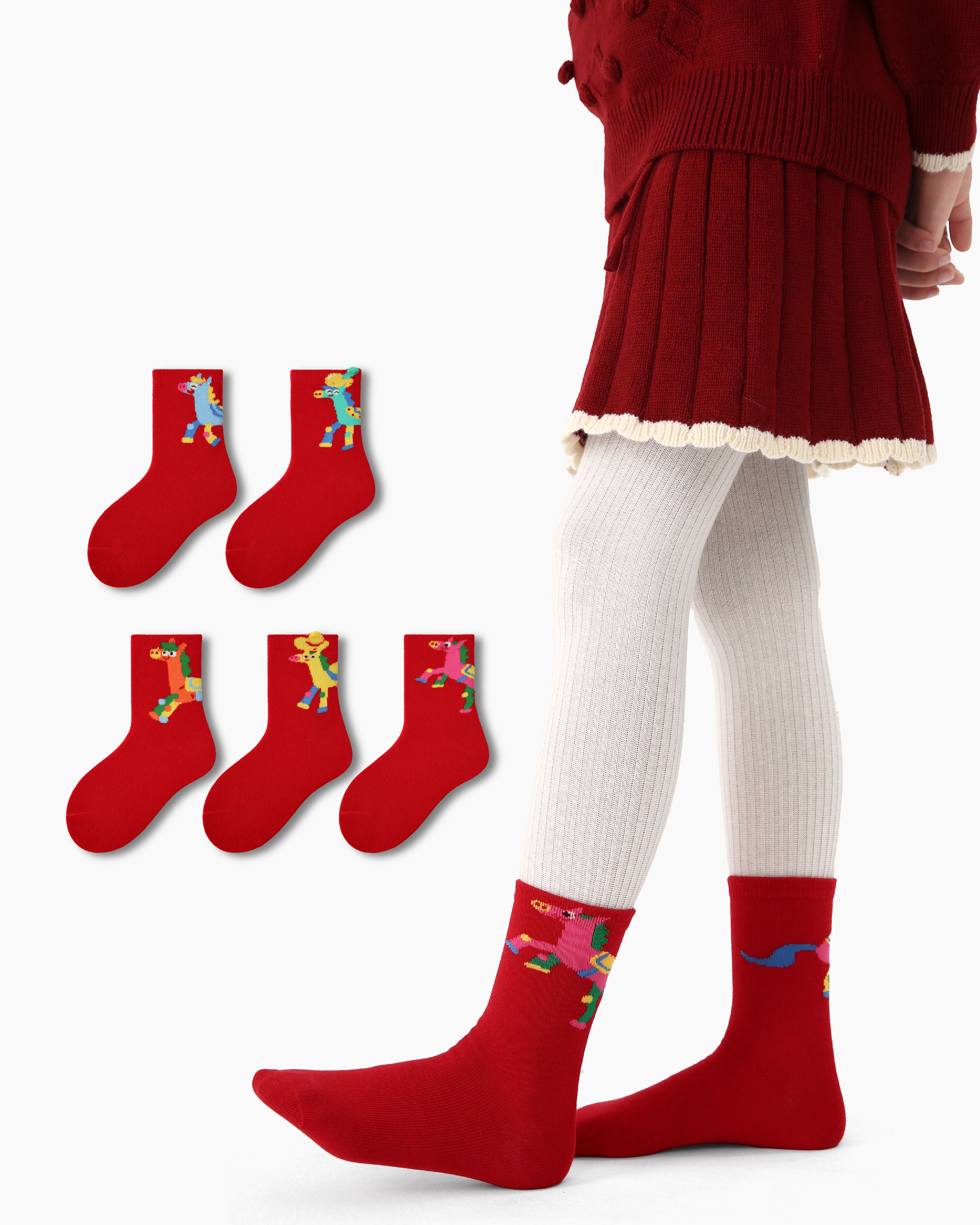 New Year 5 Pack Kids Crew Socks Energetic Pony Cartoon Pattern
