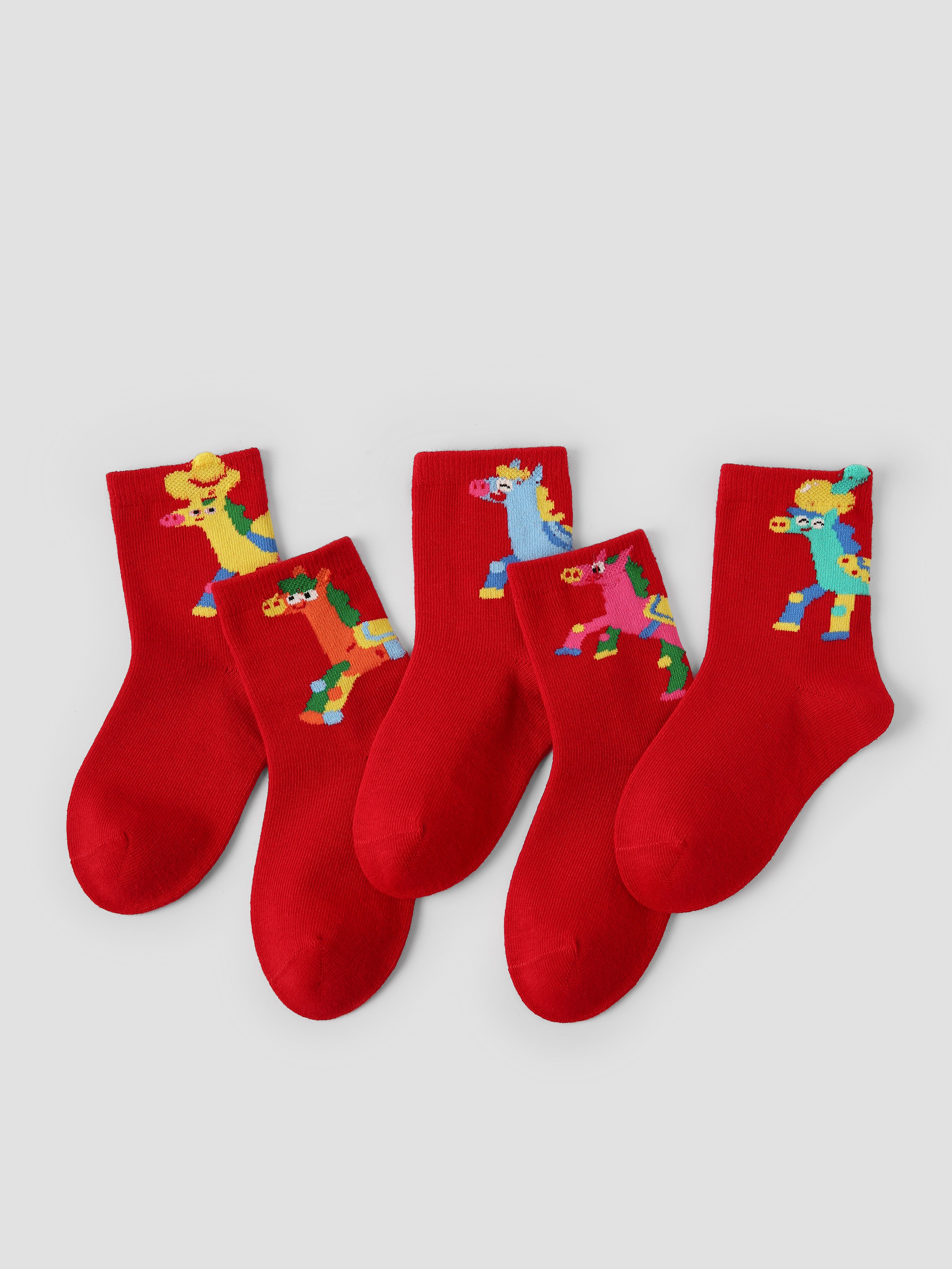 New Year 5 Pack Kids Crew Socks Energetic Pony Cartoon Pattern