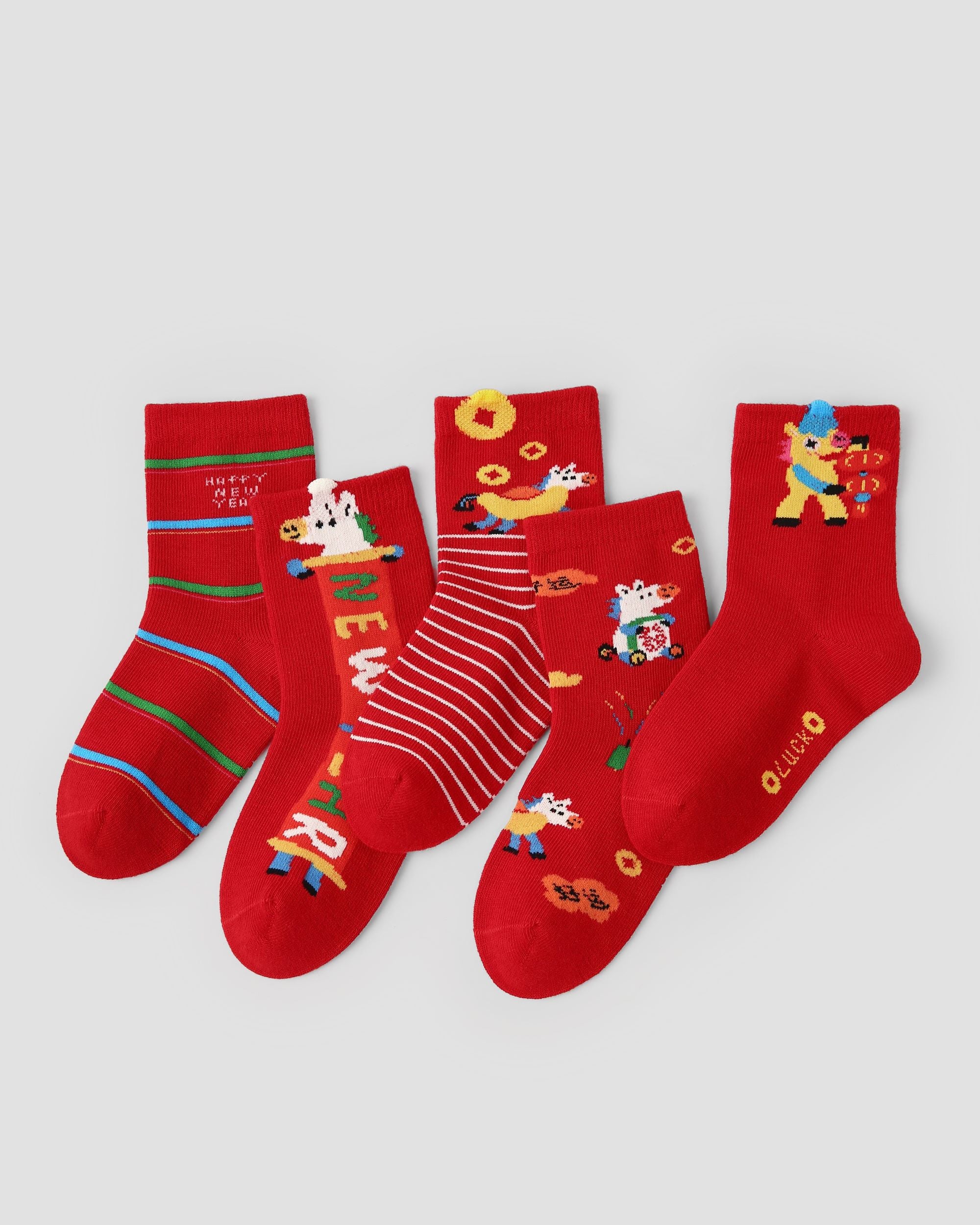 New Year 5 Pack Kids Crew Socks Horse Fortune Cartoon Pattern