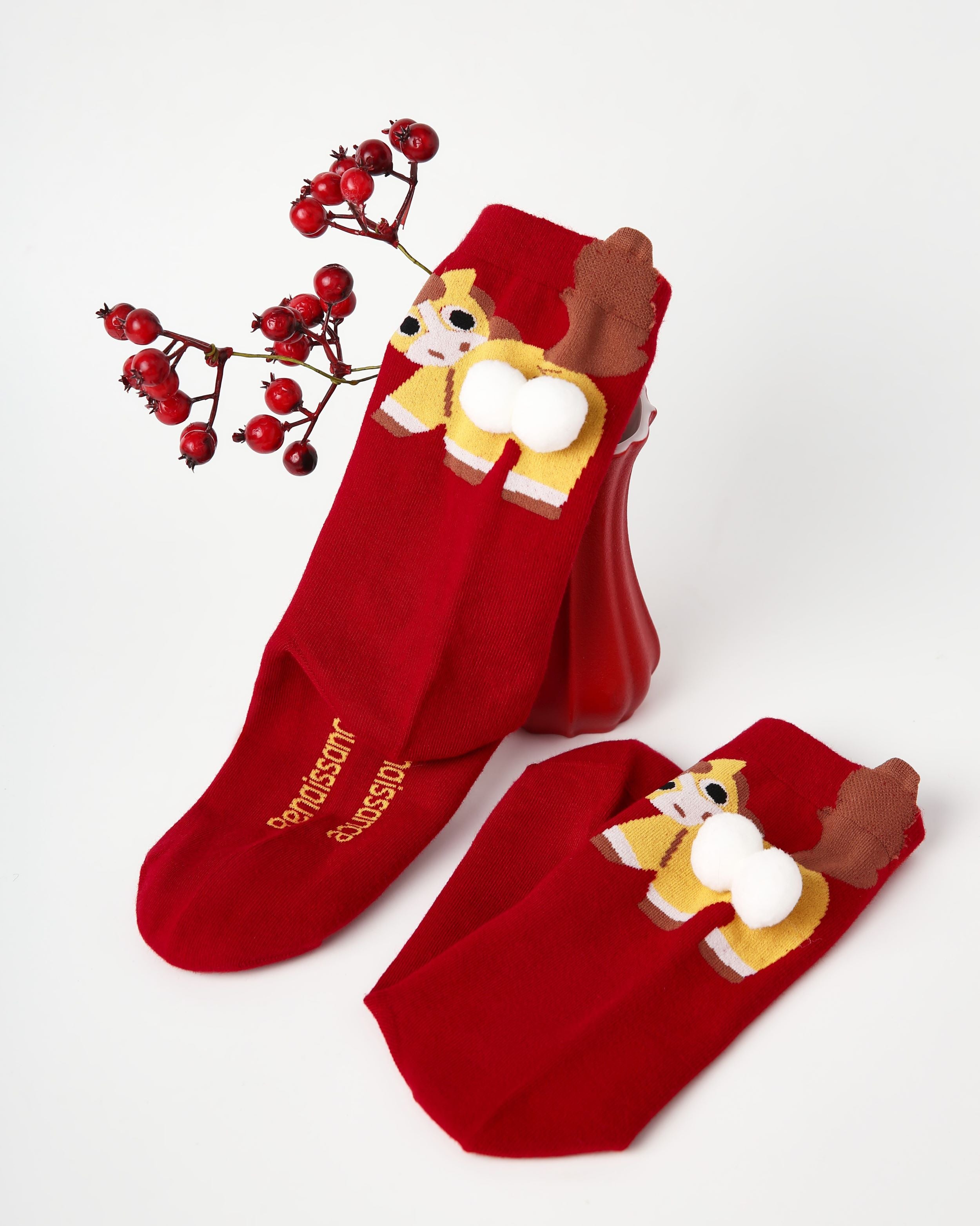 New Year Womens Crew Socks Puffy Butt Horse 3D Pom Pom