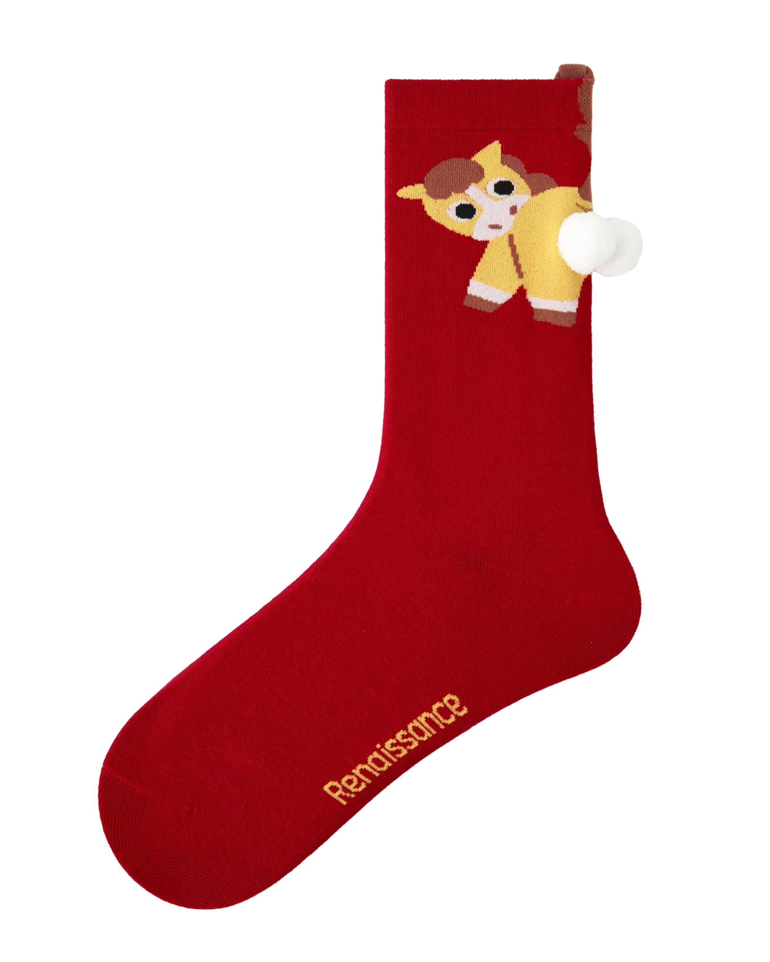 New Year Womens Crew Socks Puffy Butt Horse 3D Pom Pom