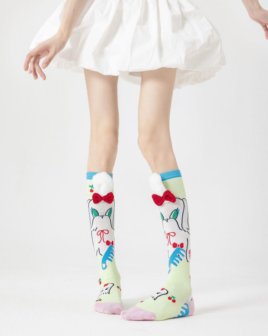 Party Exaggerated Puppy Knee High Socks 3D Ears Bow Pom-pom Fun - SWEET NANA