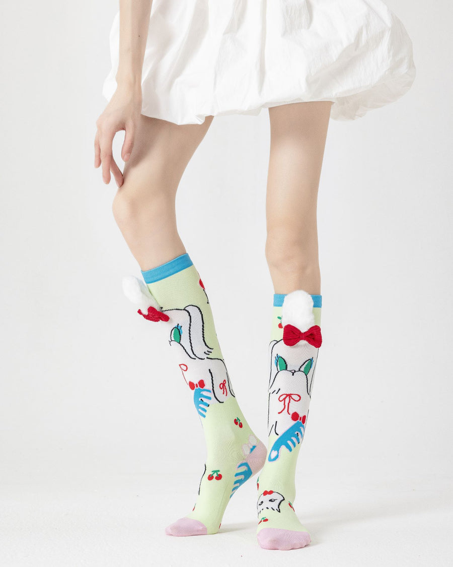 Party Exaggerated Puppy Knee High Socks 3D Ears Bow Pom-pom Fun - SWEET NANA