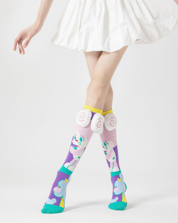 Party Exaggerated Sheep Knee High Socks 3D Curly Horns Fluffy Pom-pom - SWEET NANA
