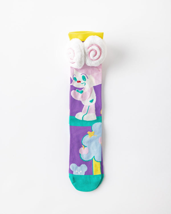 Party Exaggerated Sheep Knee High Socks 3D Curly Horns Fluffy Pom-pom - SWEET NANA