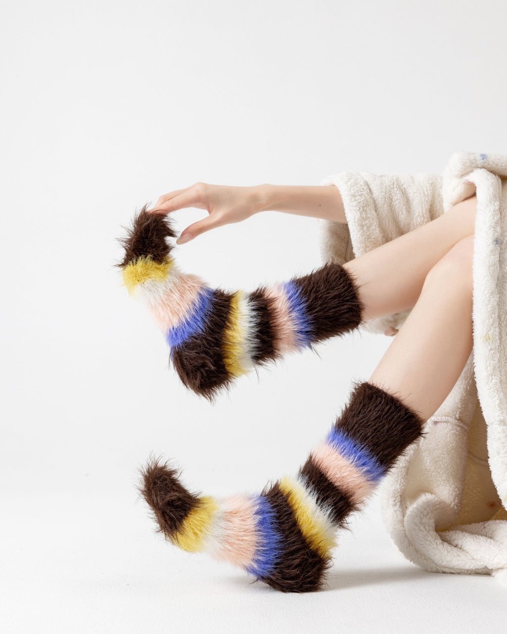 Rainbow Stripe Long Pile Fuzzy Crew Socks