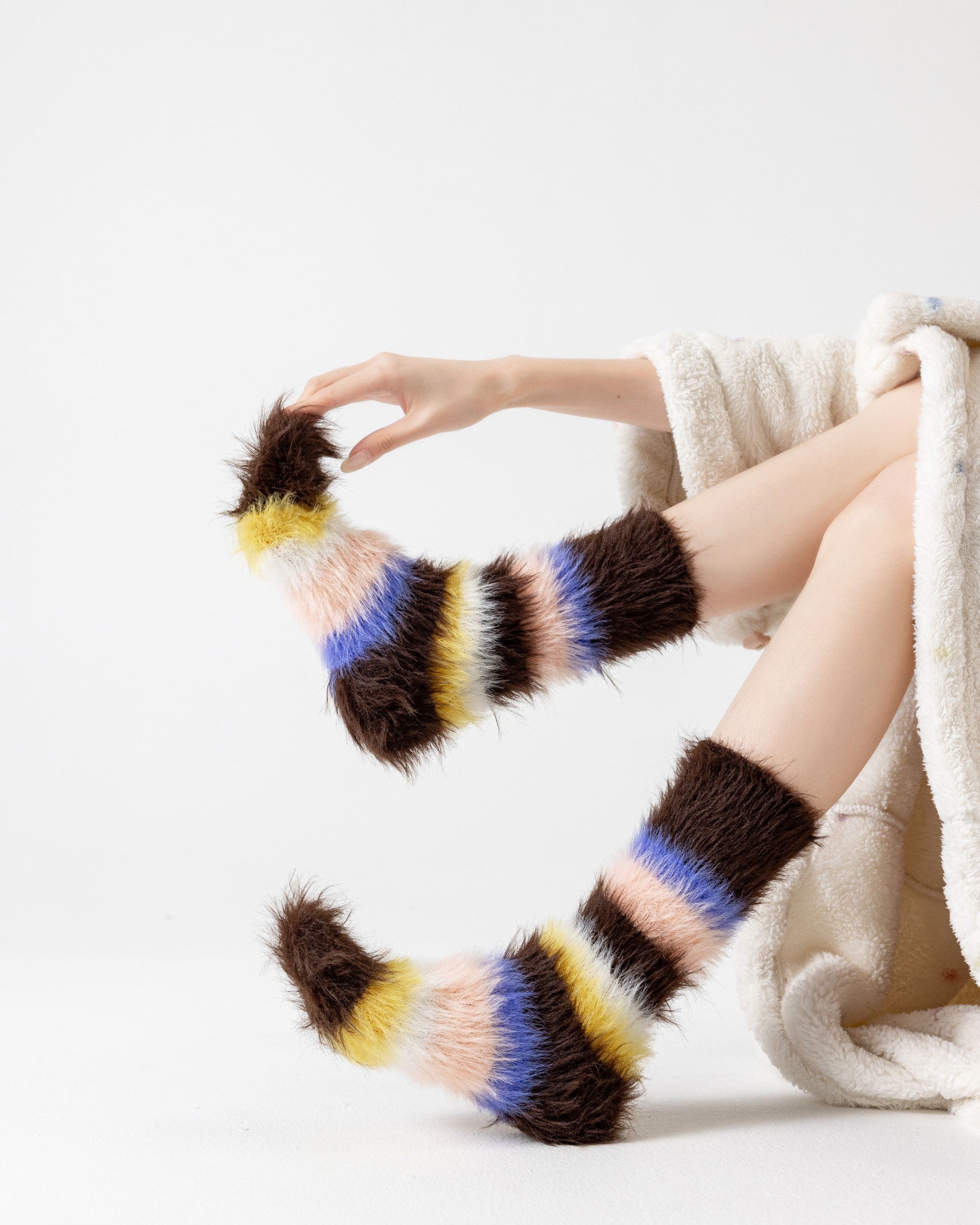 Rainbow Stripe Long Pile Fuzzy Crew Socks