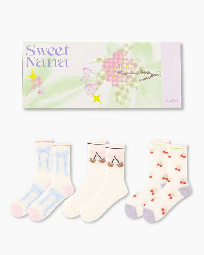 Sakura Limited Gift Box Set Womens Crew Socks Bear Cherry Bow Pattern Sheer Socks