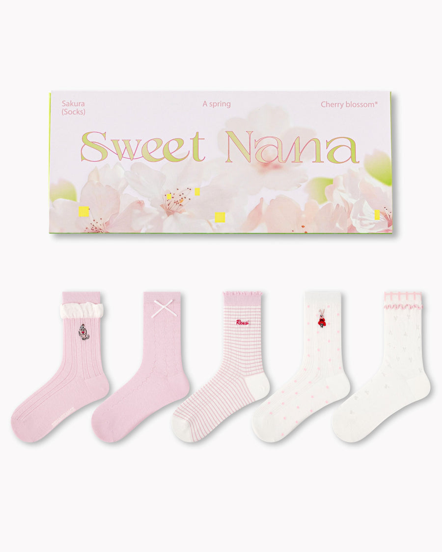 Sakura Limited Gift Box Set Womens Crew Socks Cherry Blossom Rabbit Pattern - SWEET NANA