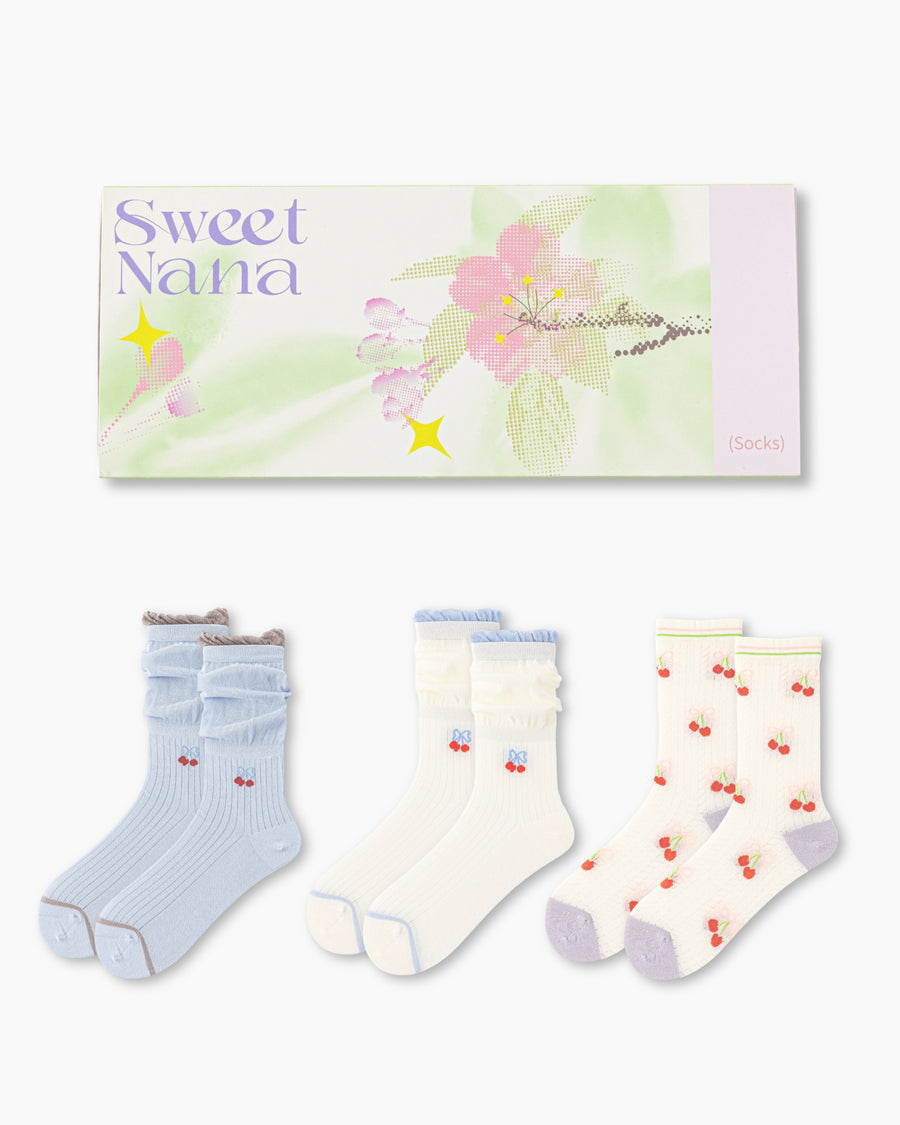 Sakura Limited Gift Box Set Womens Crew Socks Cherry Stack Ruffle Mesh Sheer Socks - SWEET NANA