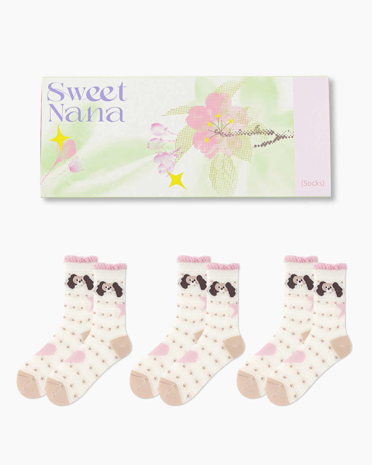 櫻花限定禮盒組 女款中筒襪 波點小狗網紗可愛薄紗襪子