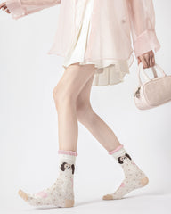 櫻花限定禮盒組 女款中筒襪 波點小狗網紗可愛薄紗襪子