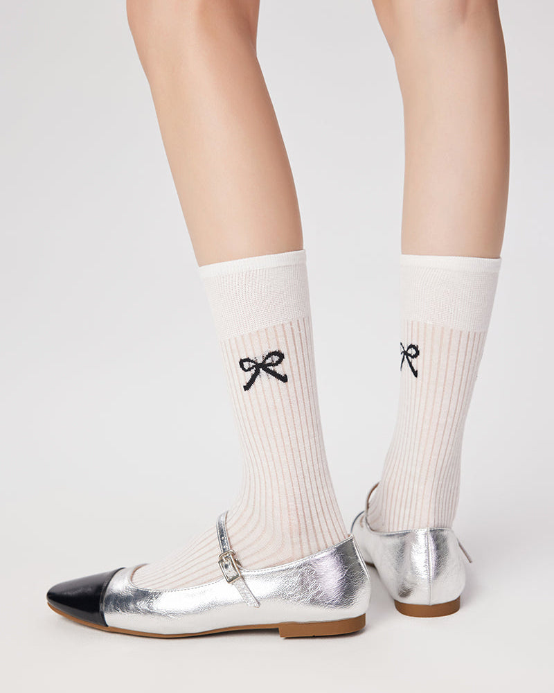Slouch Socks with Bow Print Crew Socks Ballet Style Thin Cotton - SWEET NANA Main image