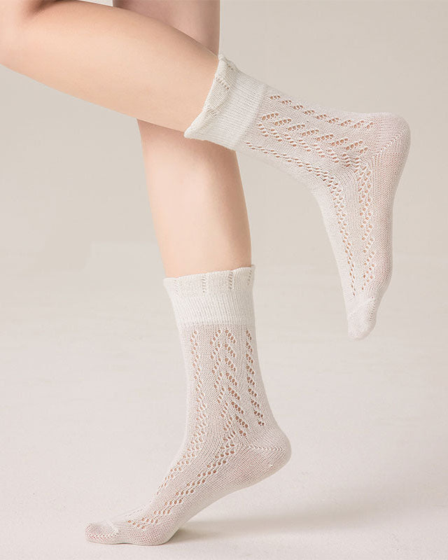 Women's Hollow Mesh Cotton Crew Socks Lace Puff Top Breathable