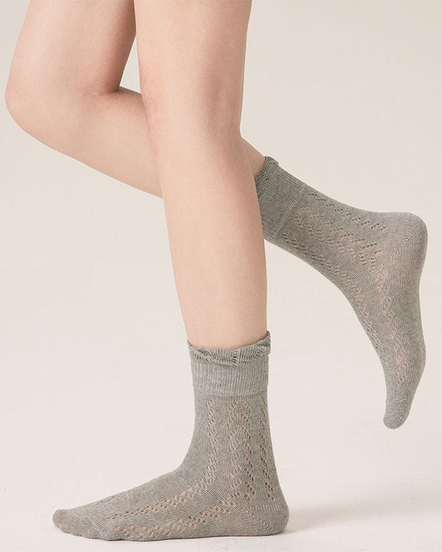 Women's Hollow Mesh Cotton Crew Socks Lace Puff Top Breathable