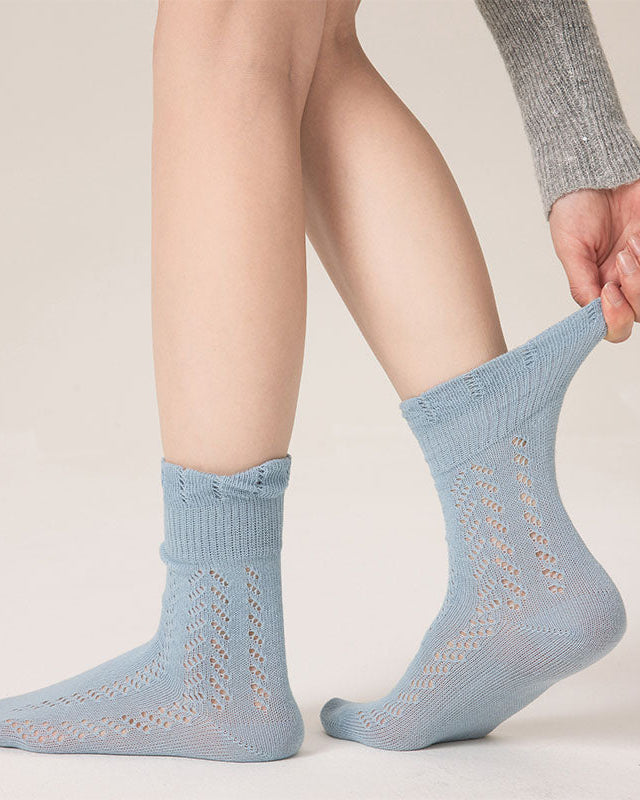 Women's Hollow Mesh Cotton Crew Socks Lace Puff Top Breathable