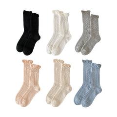 Sweetnana Spring/Summer Women's Hollow Mesh Seamless Socks,Solid Color Thin Slouch,Lace Puff Top, Sweat-absorbent,Breathable, Sweet Crew Socks.