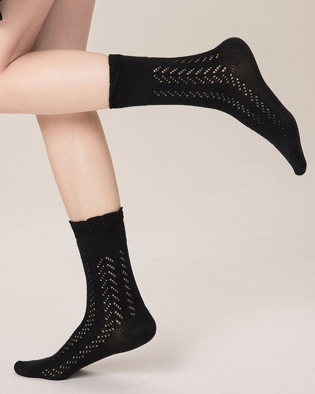 Women's Hollow Mesh Cotton Crew Socks Lace Puff Top Breathable