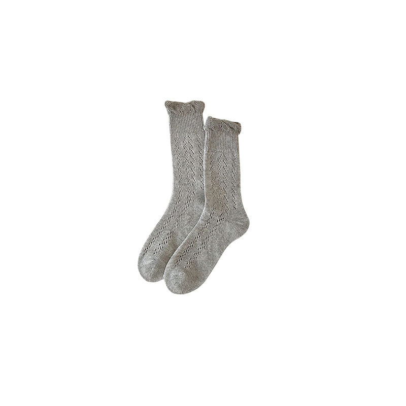 Women's Hollow Mesh Cotton Crew Socks Lace Puff Top Breathable