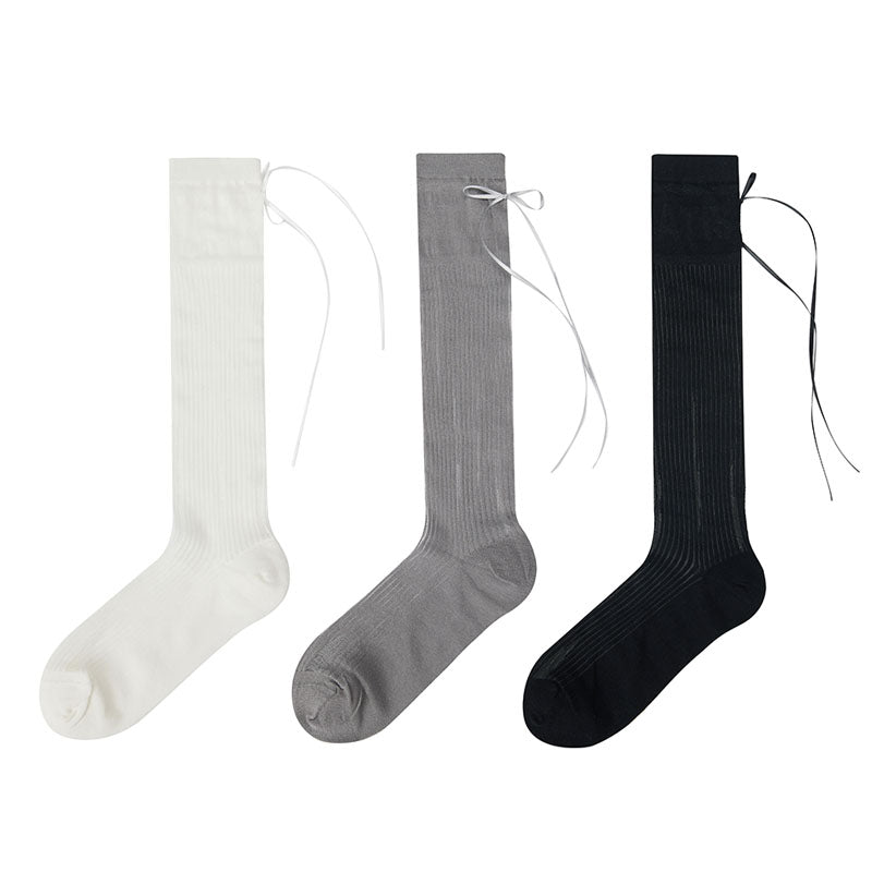 Women's Thin Breathable Cotton Solid Bow Sweet Knee High Socks
