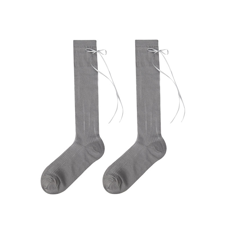 Women's Thin Breathable Cotton Solid Bow Sweet Knee High Socks