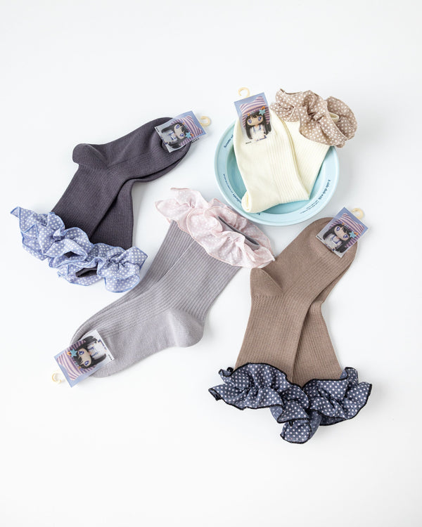 Star Polka Dot Ruffle Ribbed Cotton Crew Socks