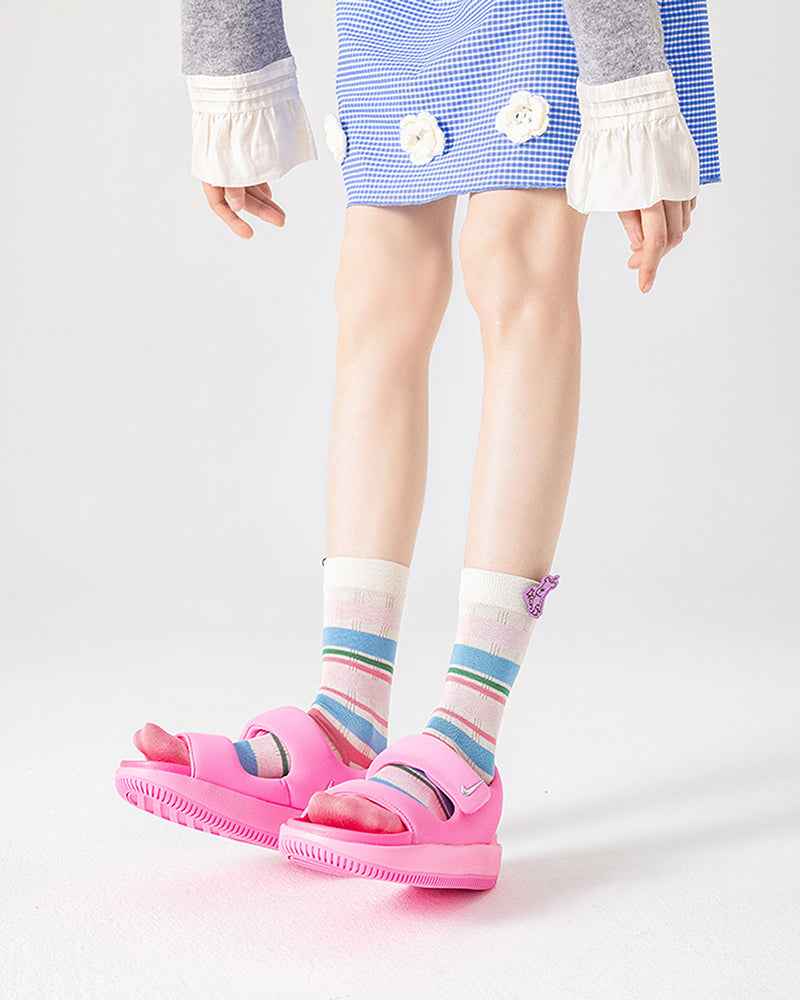 3-Pack Women Cotton Crew Socks Thin Cute Stripe Casual Versatile - SWEET NANA