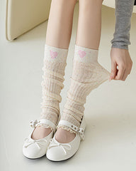 Sweetnana Thin Cotton Lose Leg Warmers for Spring and Summer Heart Embroidery Ballet Style