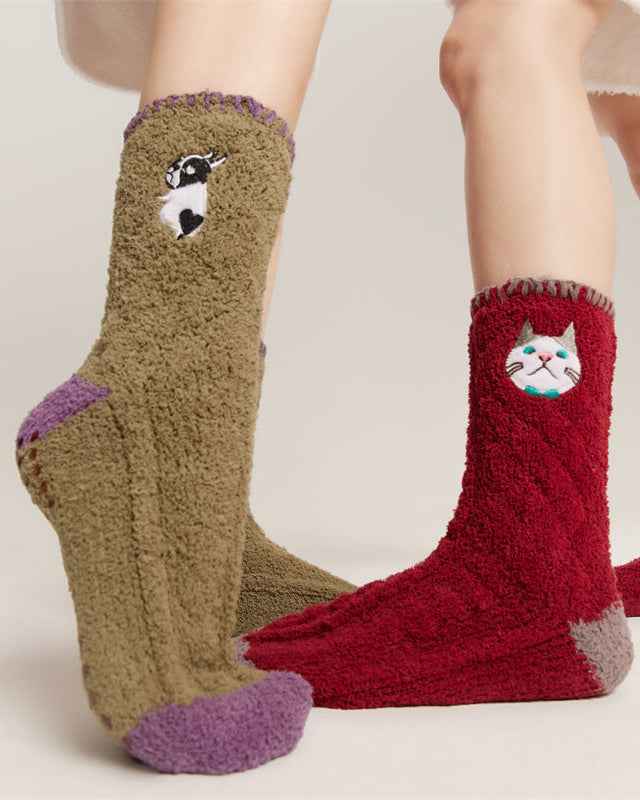 Sweetnana 3-Pack Cozy Crew Socks for Women & Men - Animal Embroidery Series Thickened Fuzzy Socks - Perfect for Winter Stockings & Lounge Wear
