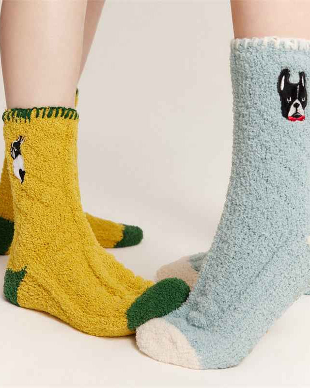 3-Pack Women Crew Socks Animal Embroidery Series Thick Warm Couple Socks