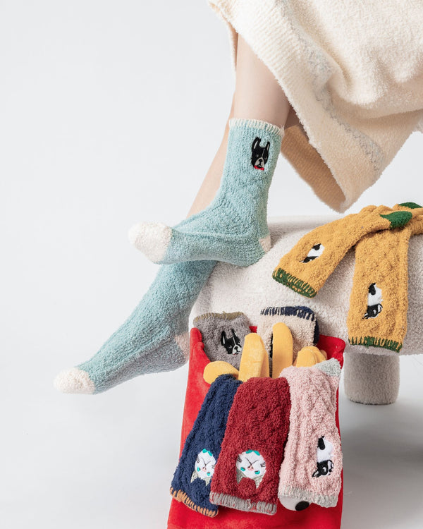 レディース クルーソックス アニマル刺繍シリーズ 厚手で柔らかいふわふわソックス - SWEET NANA