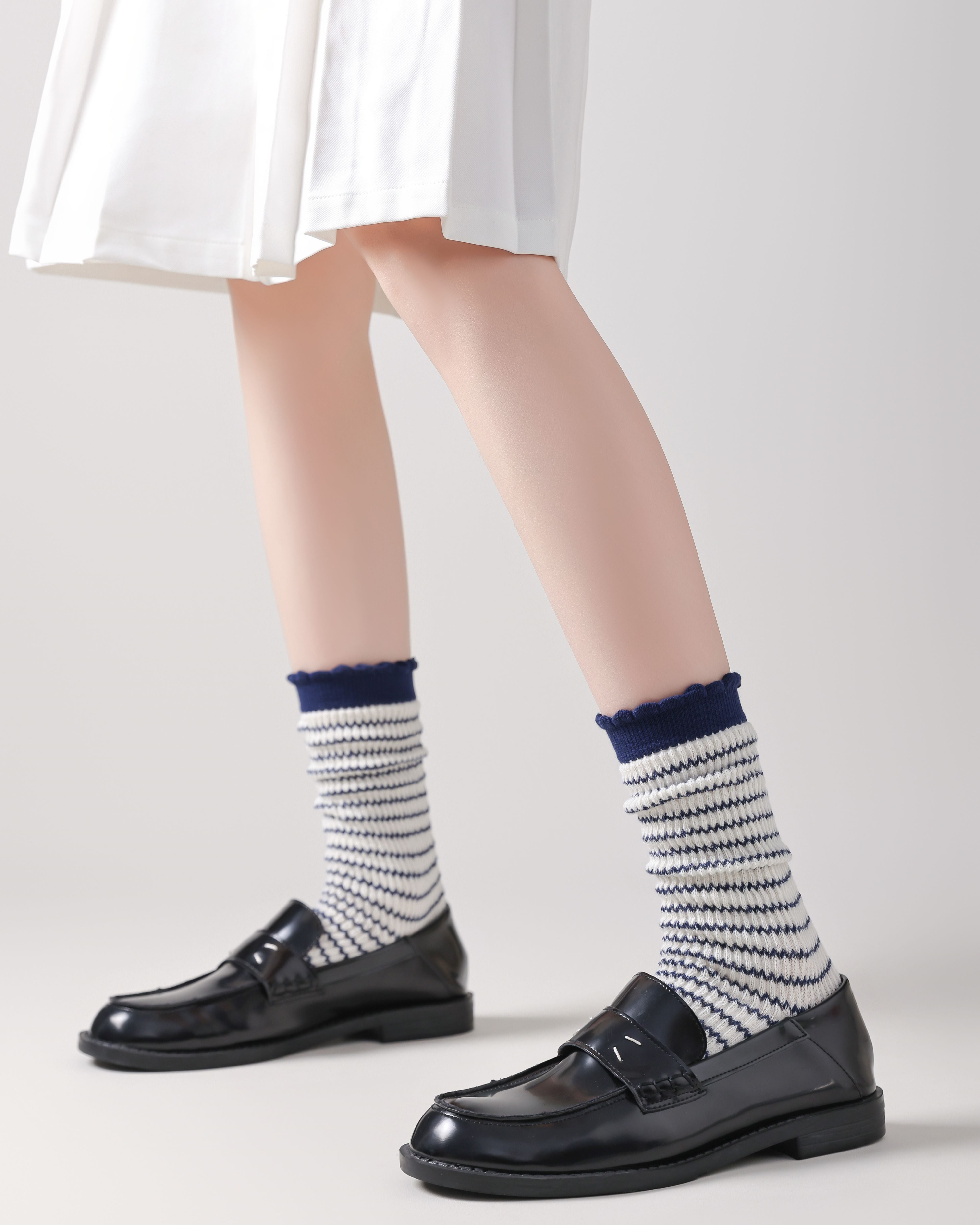 女款中筒襪子泡泡邊扭紋條紋毛圈可愛時尚