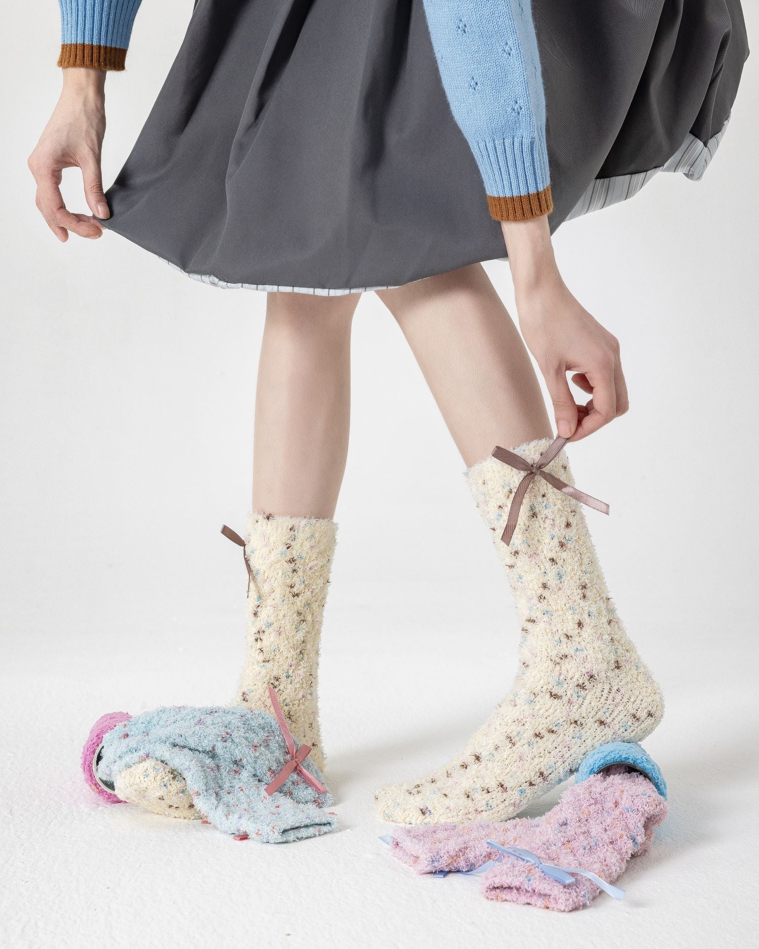 Women Crew Socks Canelé Series Fuzzy Warm Cozy Indoor Socks