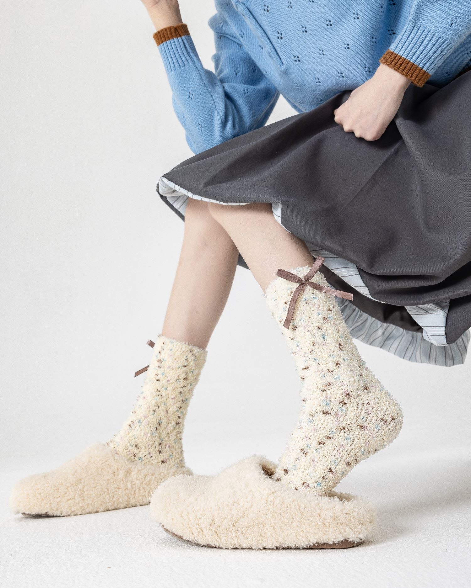 Women Crew Socks Canelé Series Fuzzy Warm Cozy Indoor Socks