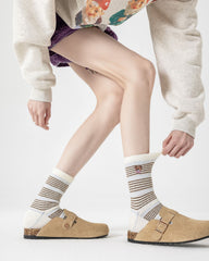 Women Crew Socks Embroidery Bear Series Fuzzy Warm Cozy Indoor Non Slip Socks