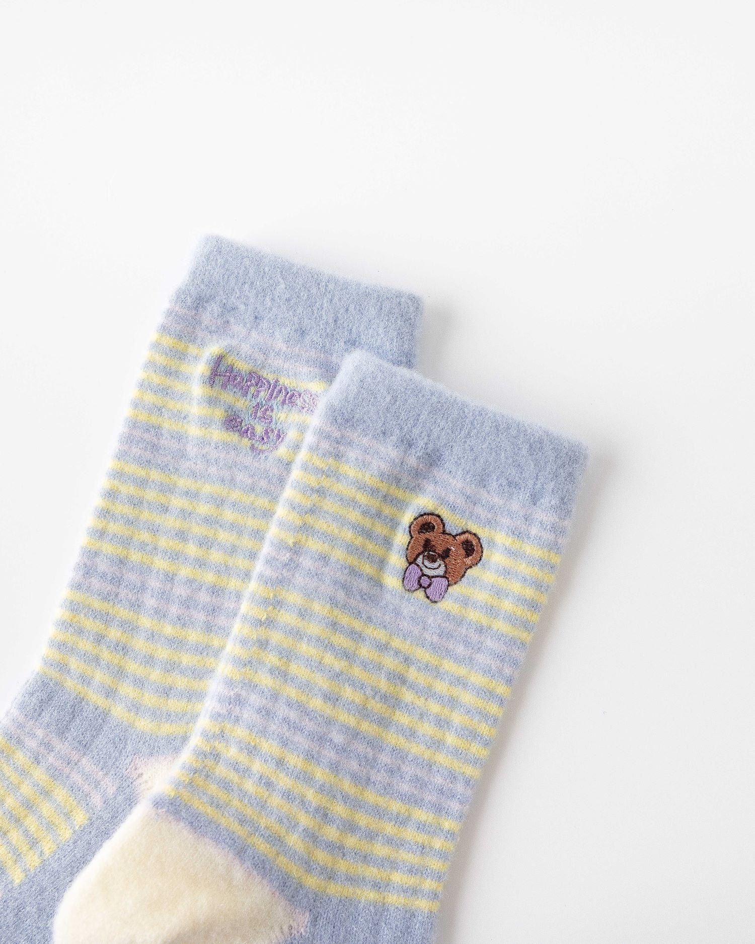 Women Crew Socks Embroidery Bear Series Fuzzy Warm Cozy Indoor Non Slip Socks