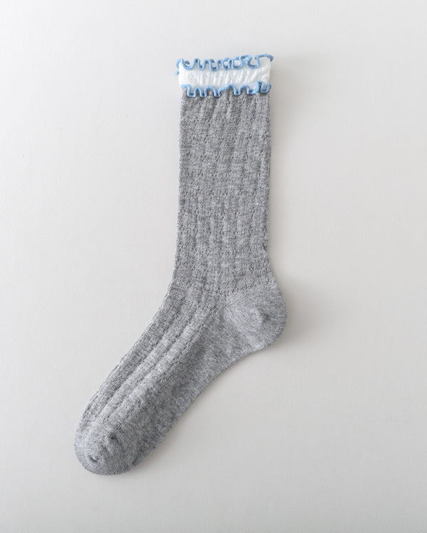 Women Crew Socks Hollow Knit Contrast Double Lettuce Edge Slouch - SWEET NANA