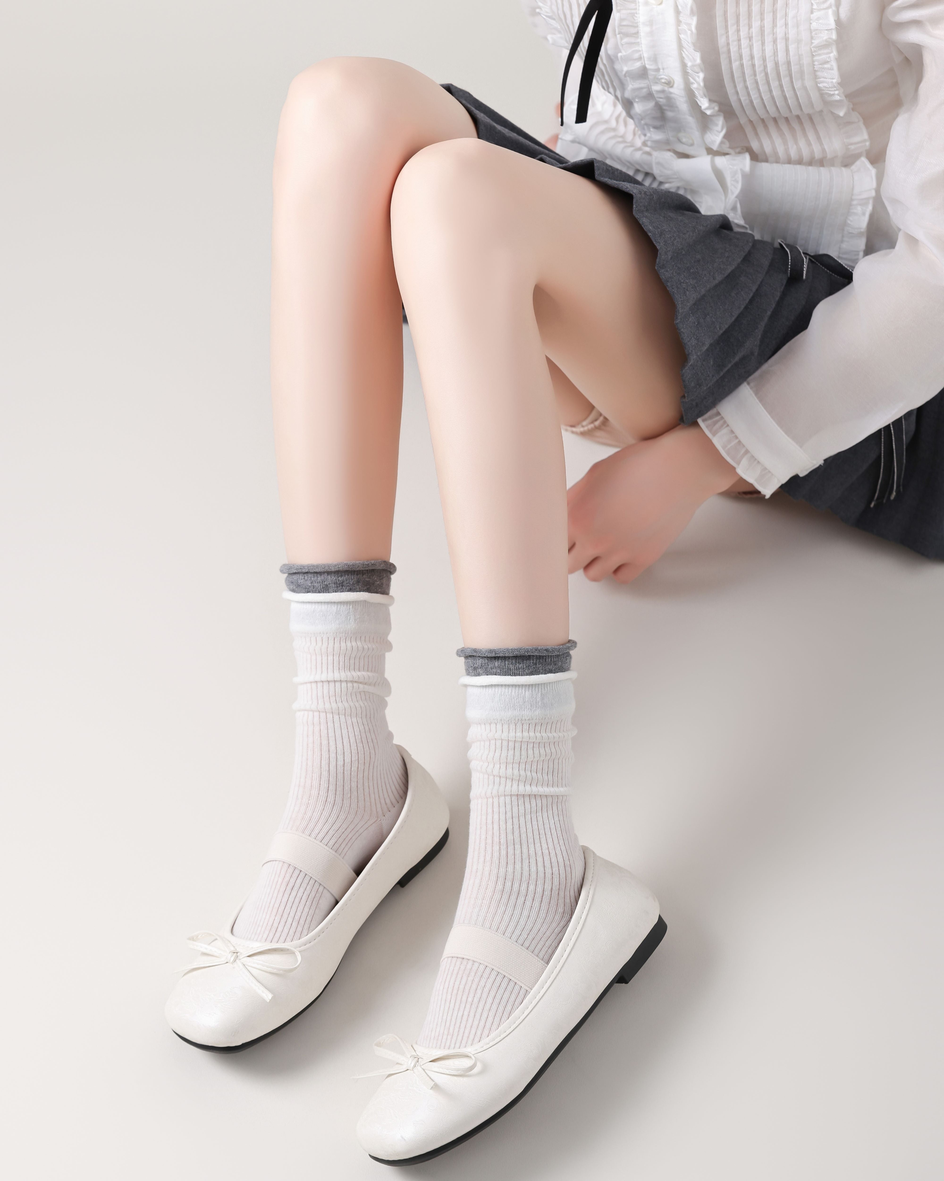 女款中筒襪子粉色撞色雙層襪口羅紋堆堆襪子