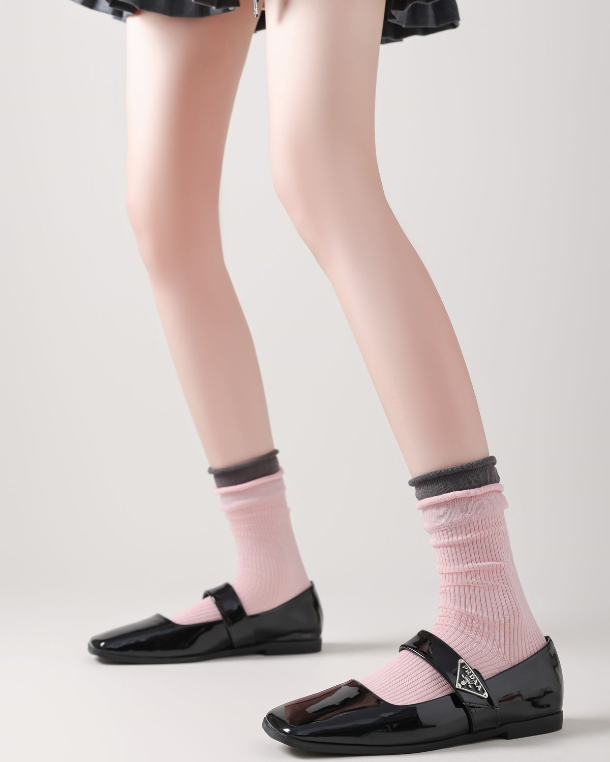 Women Crew Socks Pink Contrast Double Cuff Ribbed Slouch