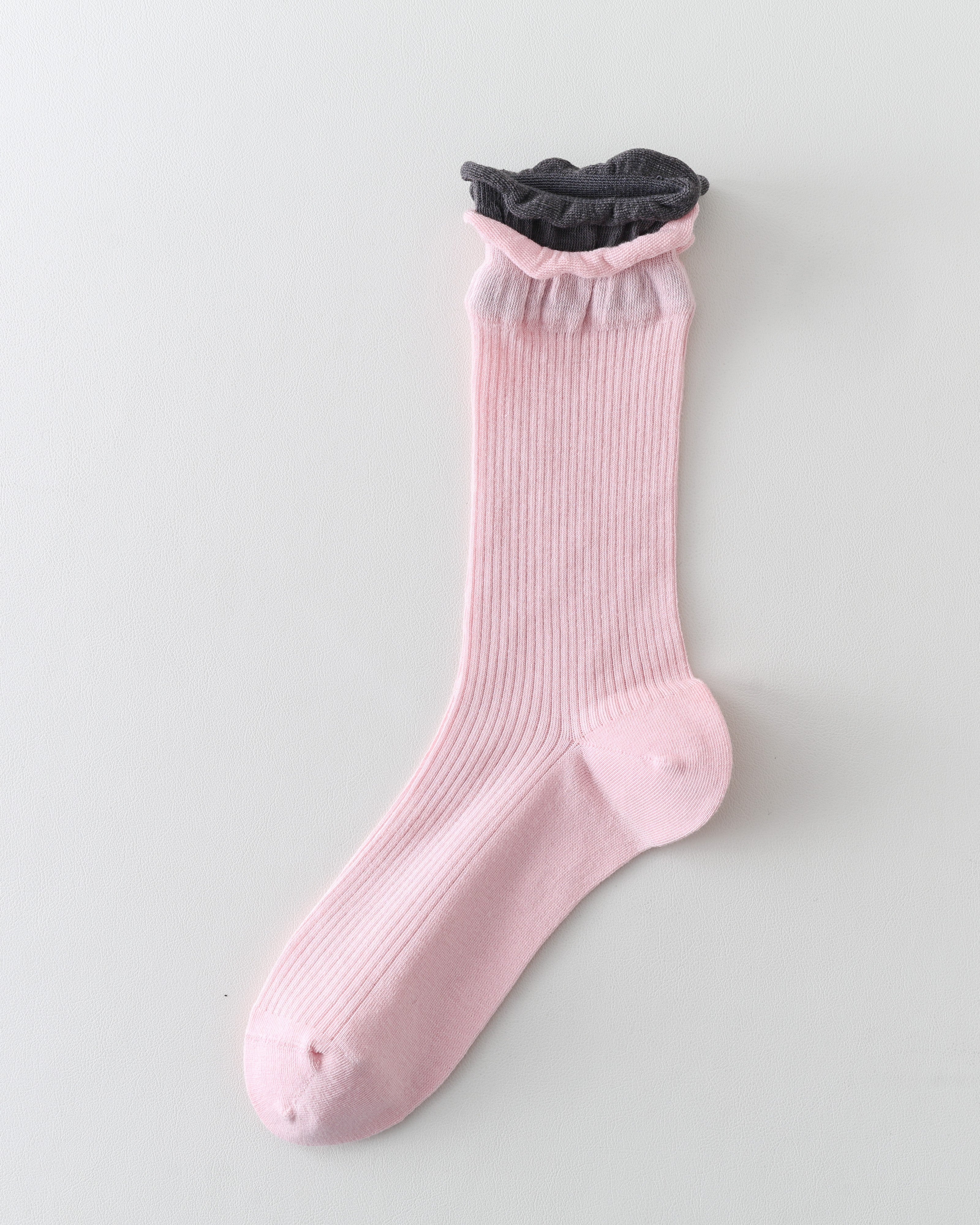 女款中筒襪子粉色撞色雙層襪口羅紋堆堆襪子